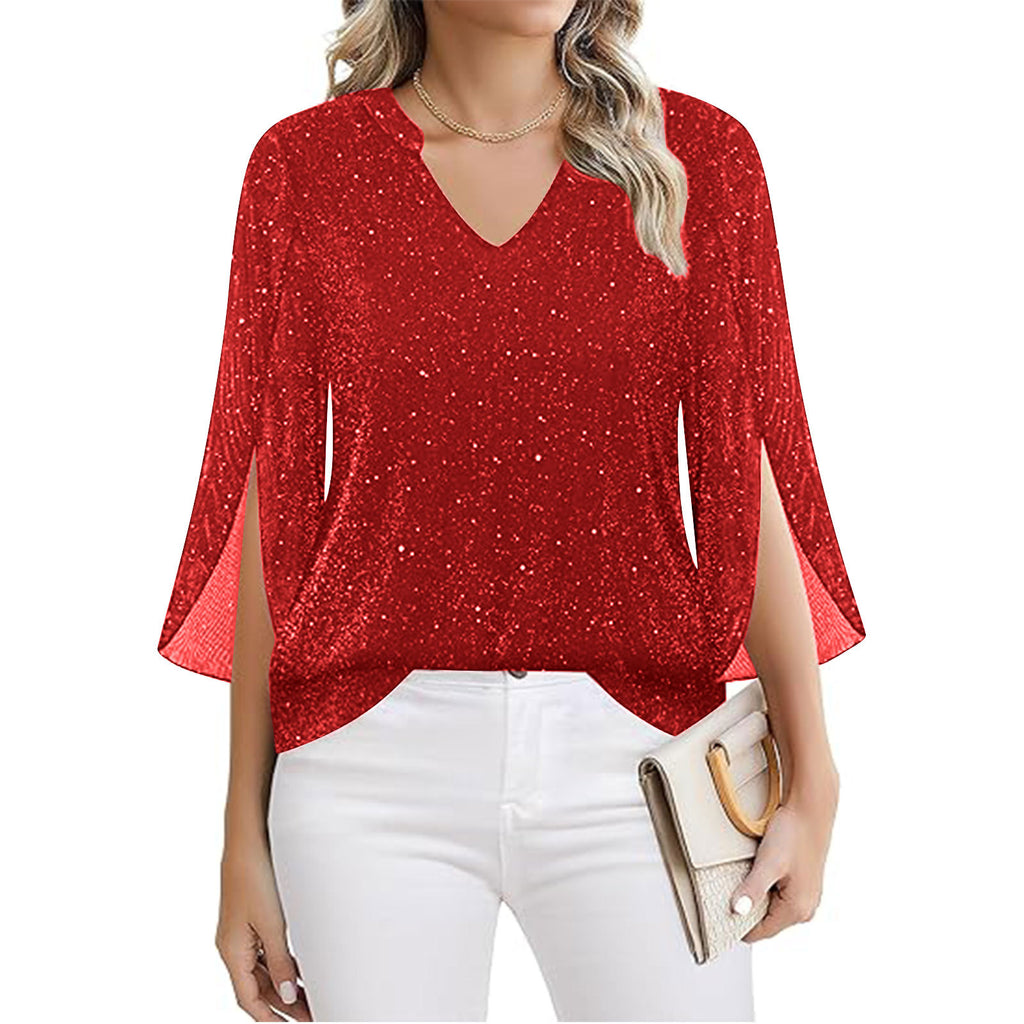 Croped Bell-Sleeve V-Neck Déplacement Top avec Double-Layer Silver-Thread Mesh