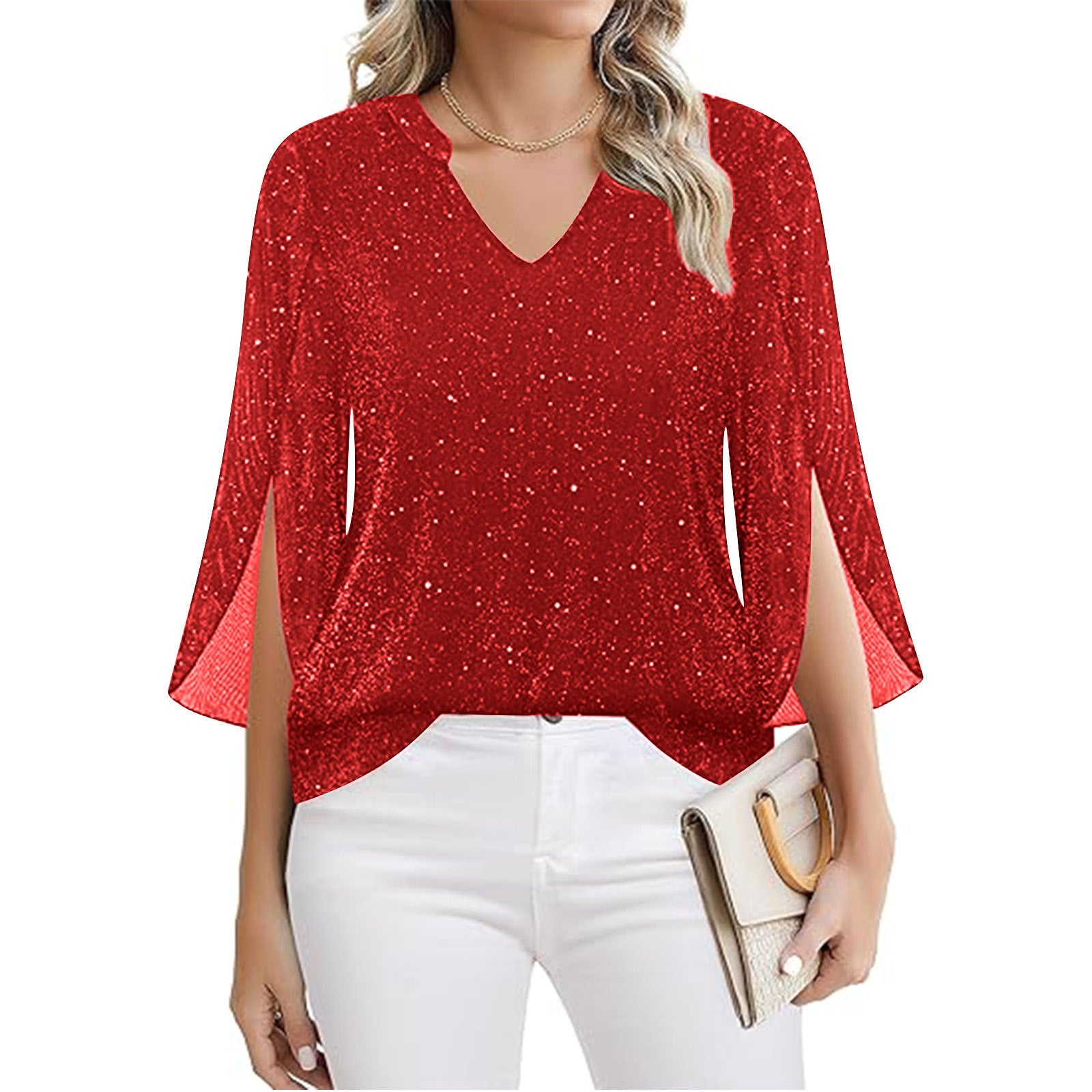 Croped Bell-Sleeve V-Neck Déplacement Top avec Double-Layer Silver-Thread Mesh
