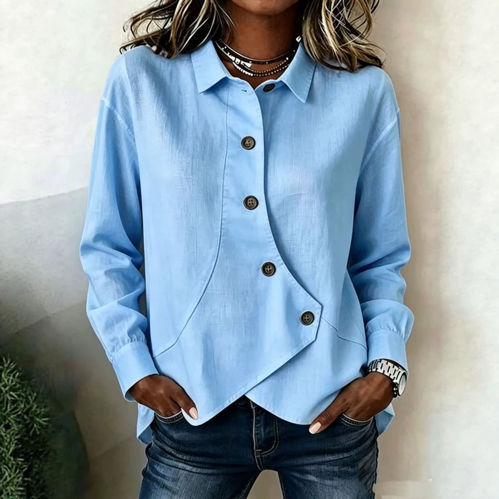 Femmes Casual Solid-Color Asymétrique manches longues chemise de style européen et américain