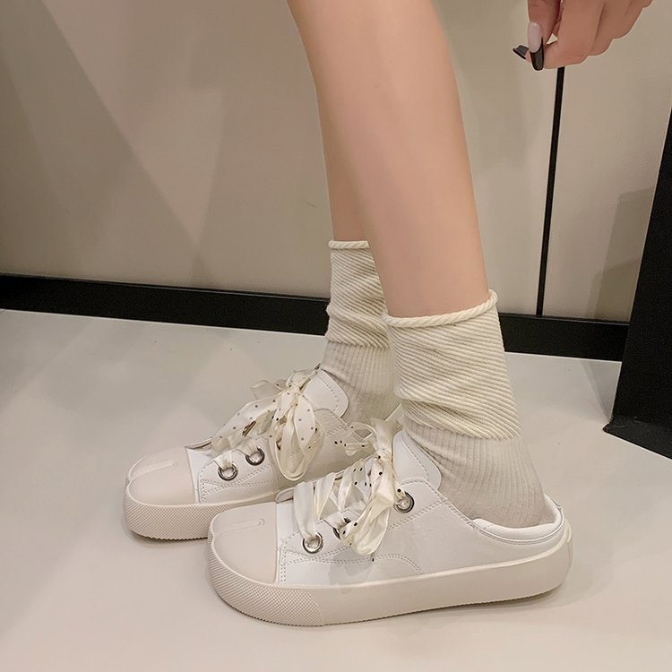 Les femmes Split orteil sans dos Mule Sneakers Polka Dot Ribbon Bow Dentelle Faux Cuir Bas haut