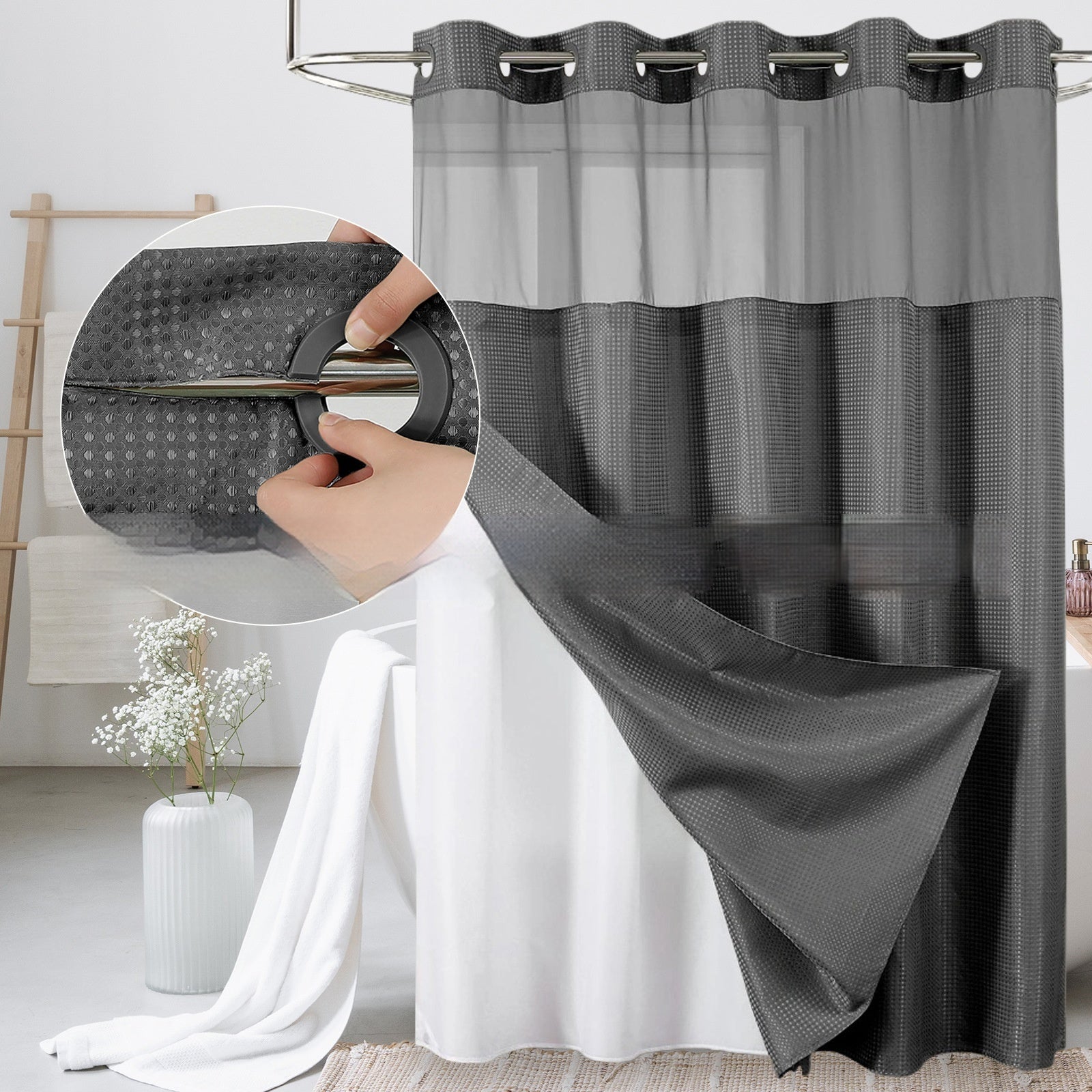 Rideau de douche à double couche en forme de gaufre, de couleur unie