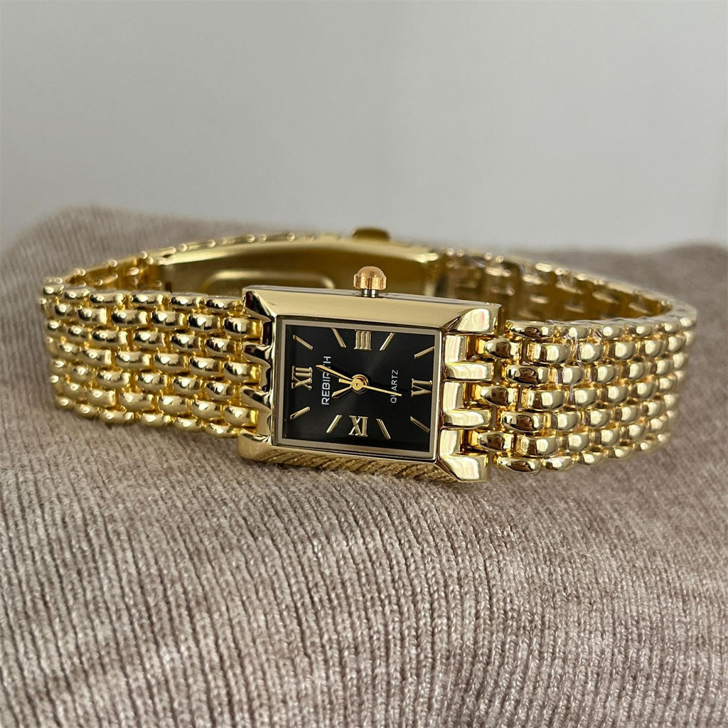 Montre rectangulaire Golden Quartz avec une bande d'acier pour les femmes