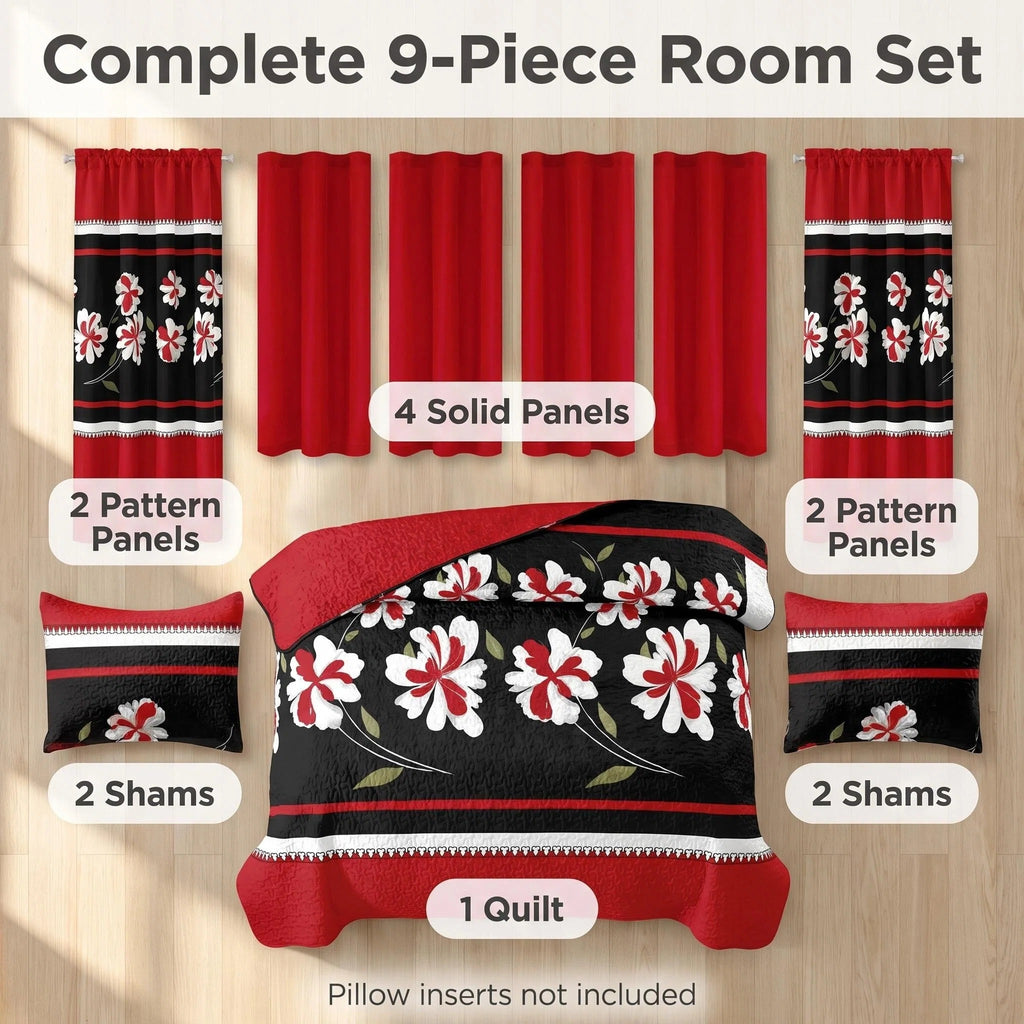 Couche de lit et rideau noir et rouge 9 pièces