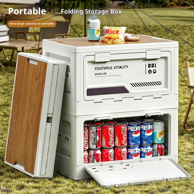 Boîte de rangement en camping extérieur avec porte d'ouverture latérale et couvercle en bois