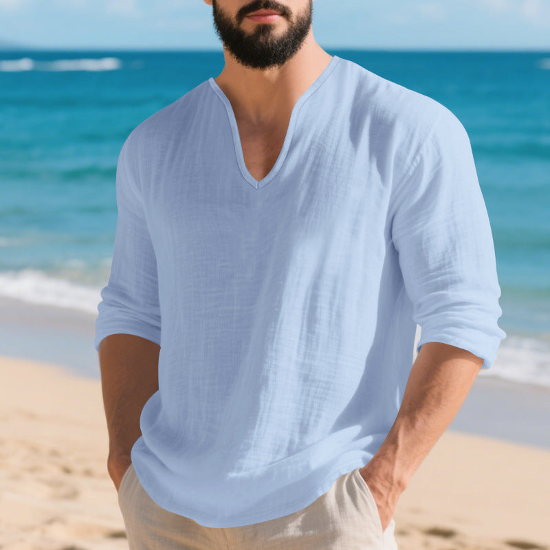 Chemise en V à manches longues en lin casual pour hommes