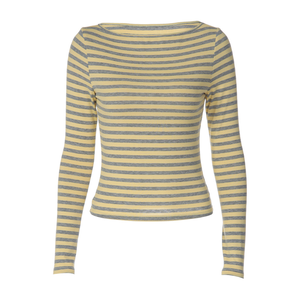 Elegant Crew Neck Long Sleeve Striped Slim-fit Top