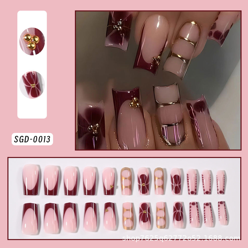 Printed Golden Midi-length Square Nail Tips