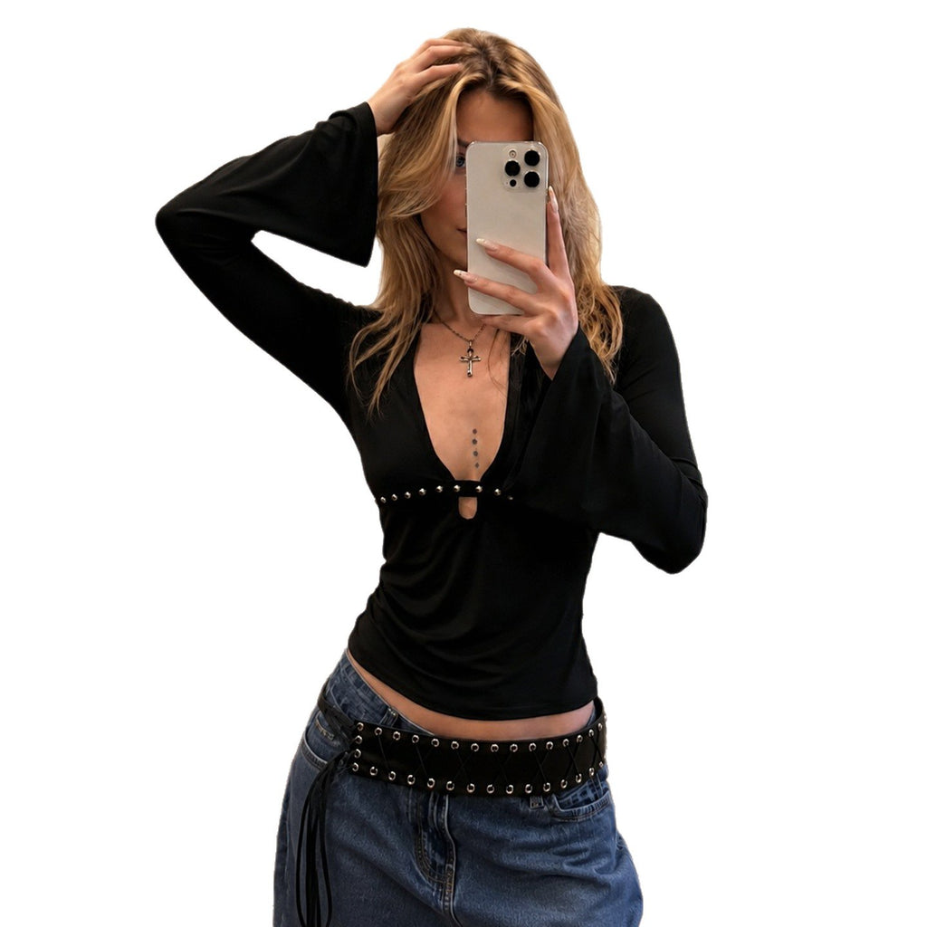 Dark Punk-style Deep V-neck Hollowed-out Studded Slim-fit Long-sleeved