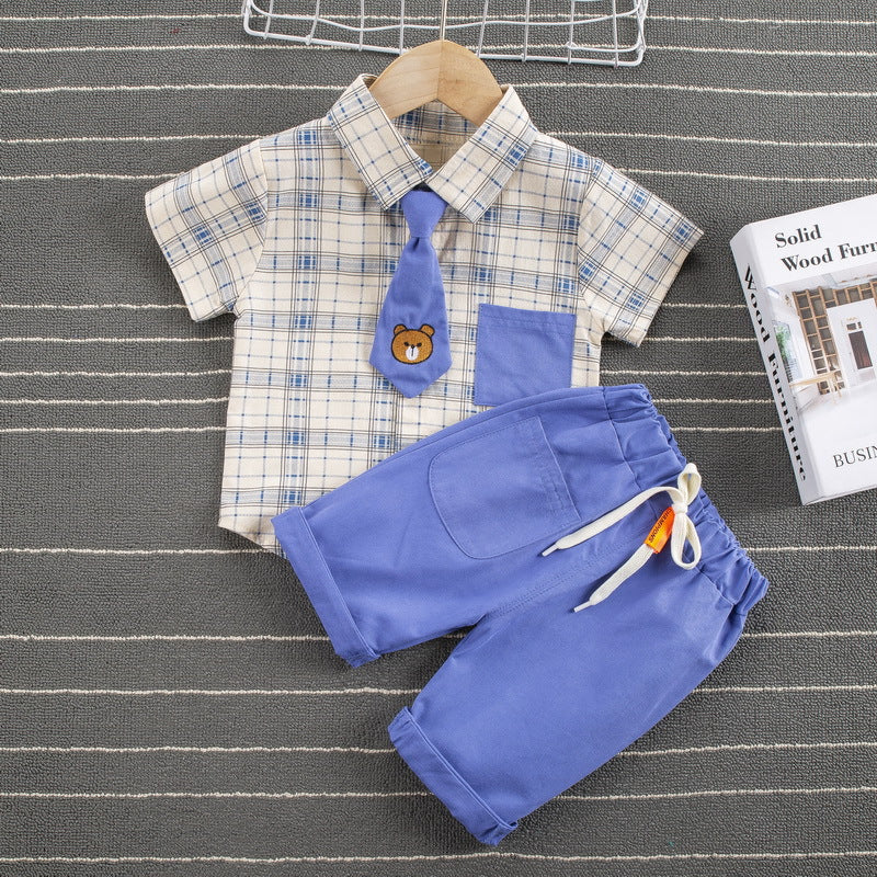 Gentlemans mode Plaid Tie Lapel Shirt and Shorts Ensemble à deux pièces