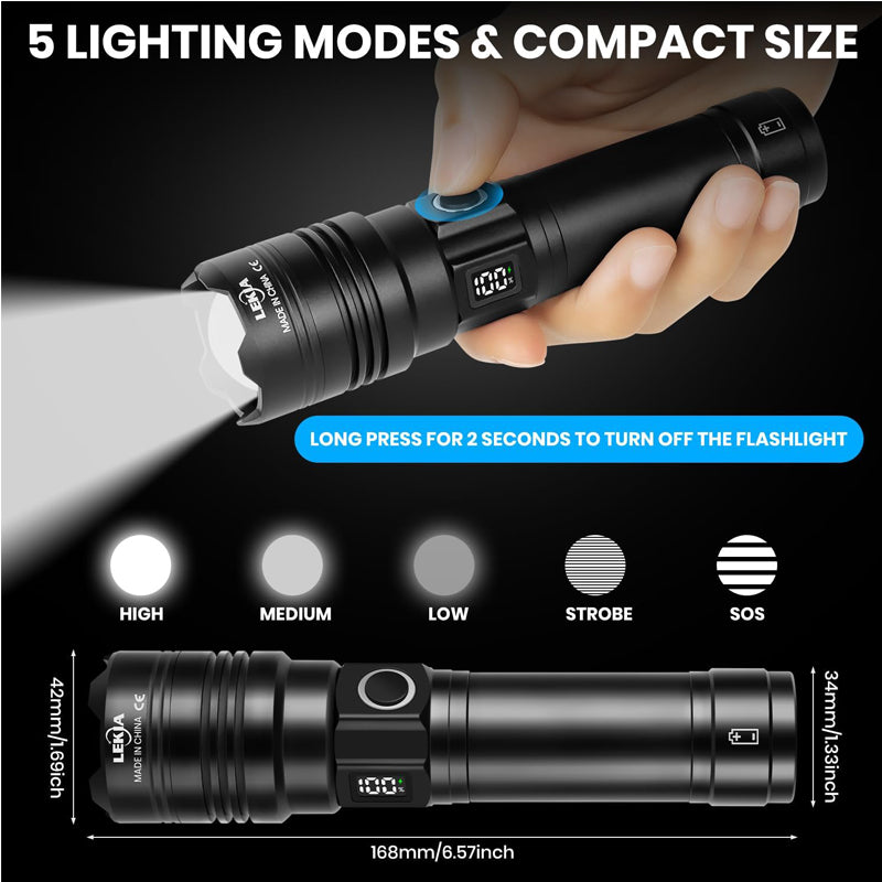 Lampe de poche rechargeable 50000 Lumens Long Range Super Bright USB C Lampe de poche LED Long Lif