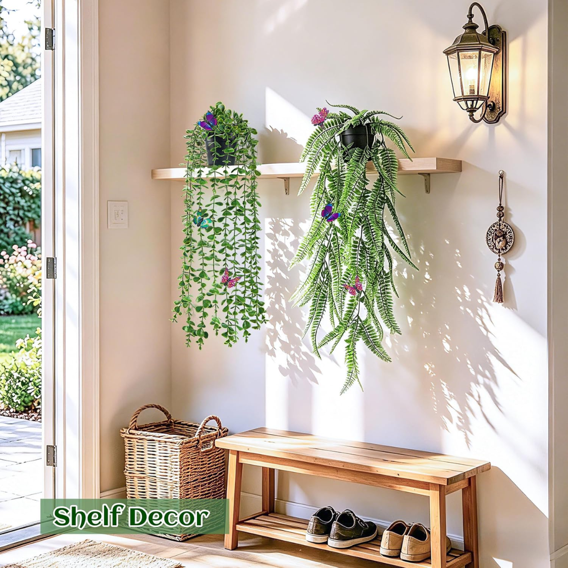 Faux plantes suspendues avec papillons pour décor mural de plateau Eucalyptus Ivy Vines artificielles