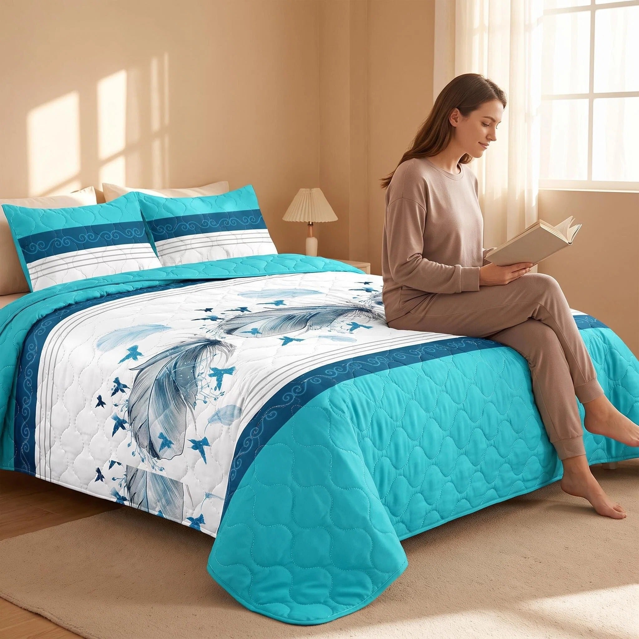 3-Piece bleu et blanc plume Star couvre-lit matelassé pour roi et roi de Californie