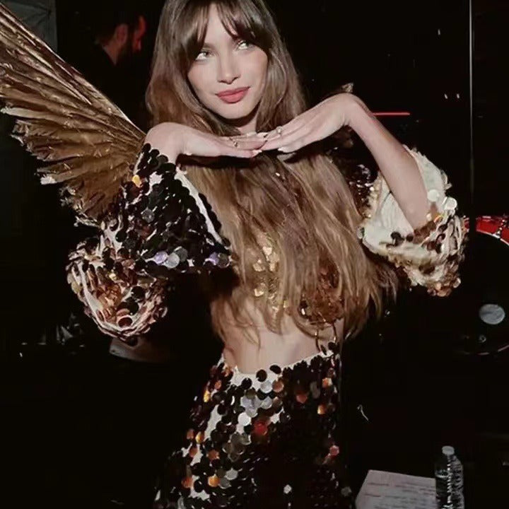 Douce et épicée manches longues femmes Col rond Sexy Grande robe de soirée à paillettes