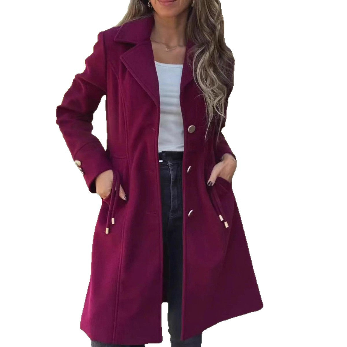 Femme Mode Solide-couleur Laine mi-long avec cordons et poches