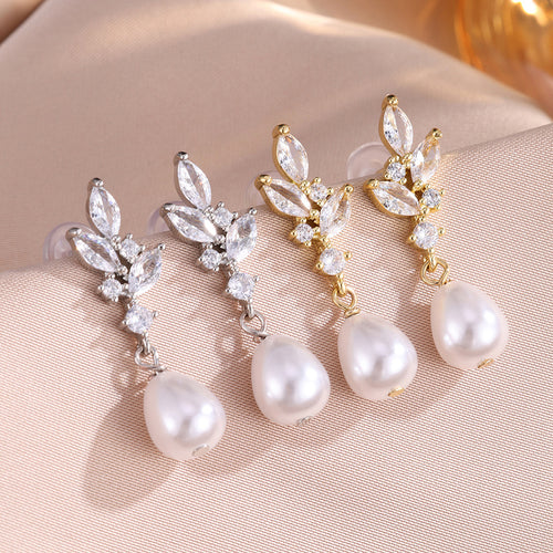Boucles d'oreilles mariage feuille et perle, pendant goutte en zircone