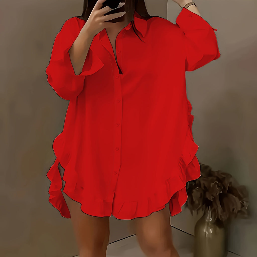 Chemise à l'ourlet de feuille de lotus en couleur solide pour femmes