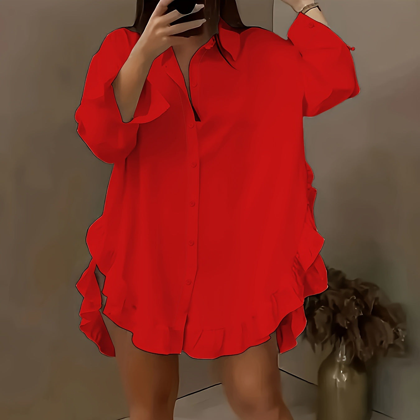 Chemise à l'ourlet de feuille de lotus en couleur solide pour femmes