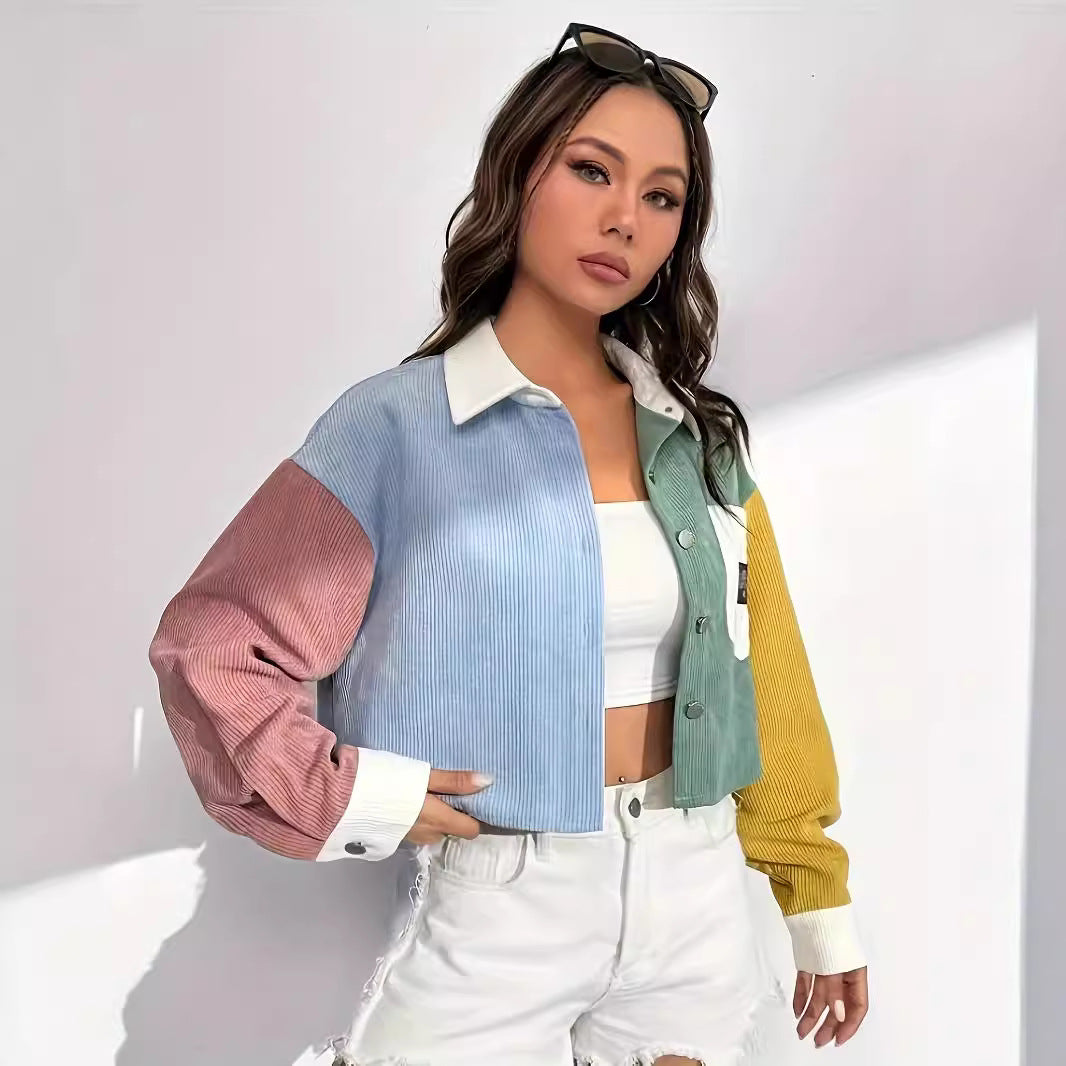 Corduroy Color-block Patchwork Lightweight Relaxed-fit Veste décontractée polyvalente
