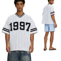 Couleur-bloc Ribbed col V manches courtes hommes T-shirt Loose-fit rayé Design