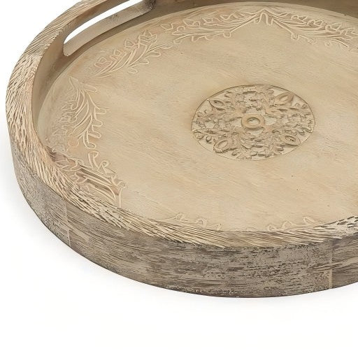 Plateau rond de service en bois de mangue - 18 design brun rustique pour l'entertaining élégant