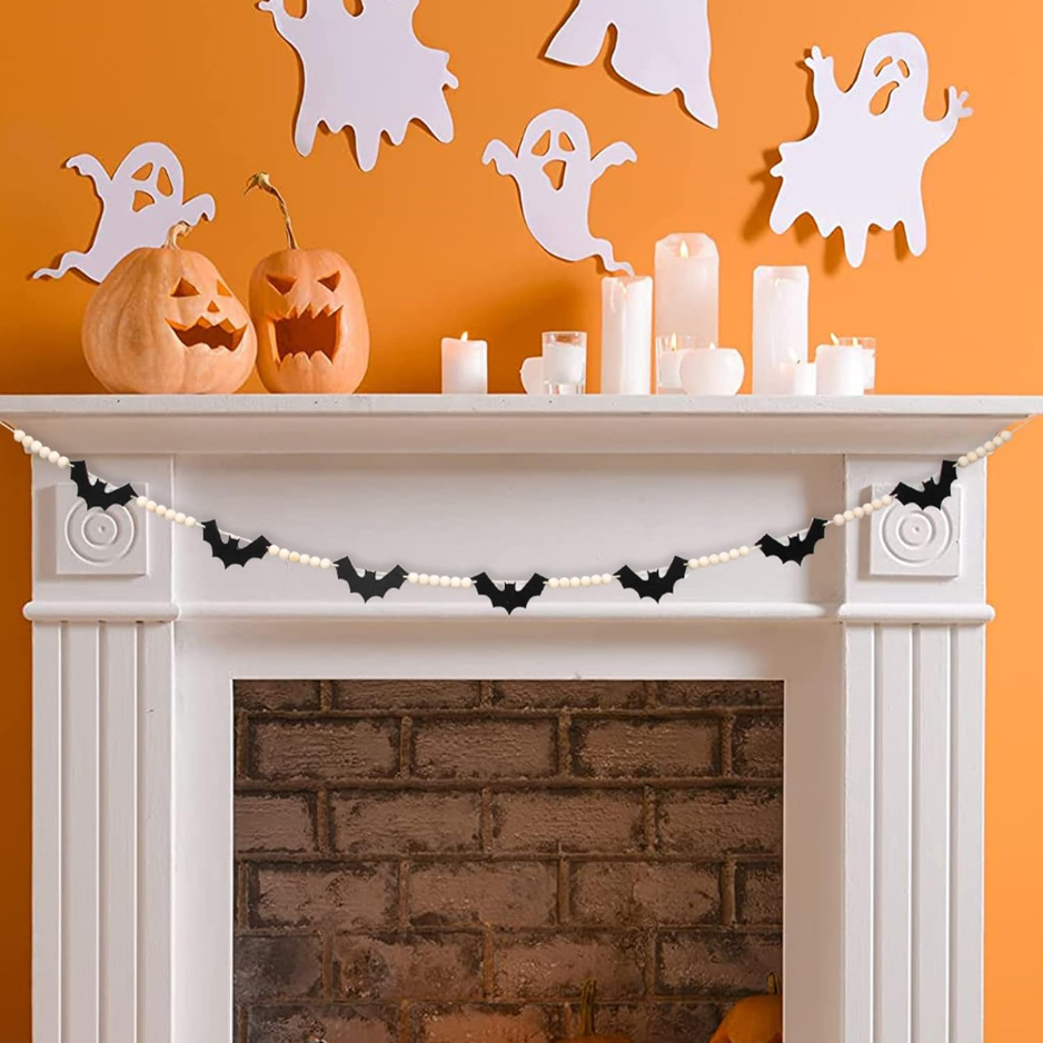 Halloween Wood & Felt Bat Garland 56 Décor de bannière de suspension intérieure pour cheminée Mantel