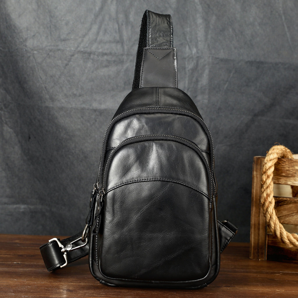 Homme Épaule plein-grain Casual Minimalist sac poitrine Grande capacité Cuir véritable