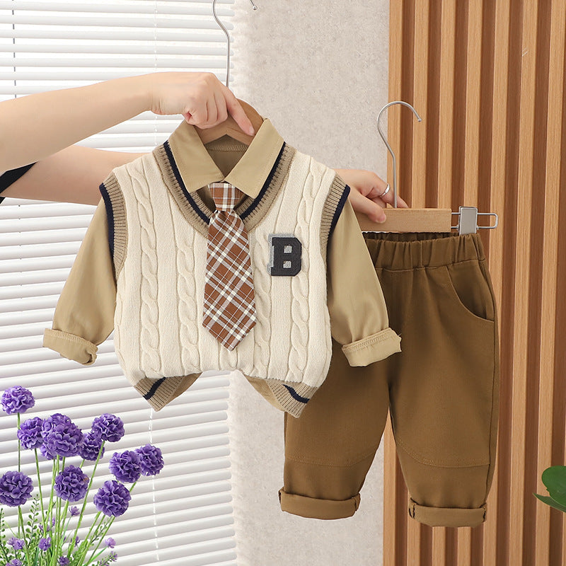 Garçons Vêtements d'automne costume Tie B- Chandail en forme Ensemble de trois pièces
