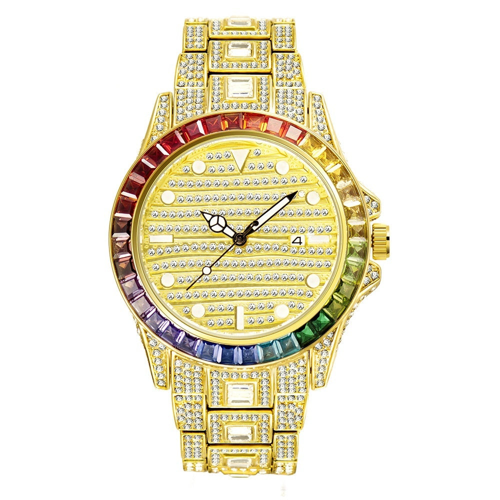 Fashion haut de gamme Gradient Rainbow Diamond Imperméable Montre Quartz Homme