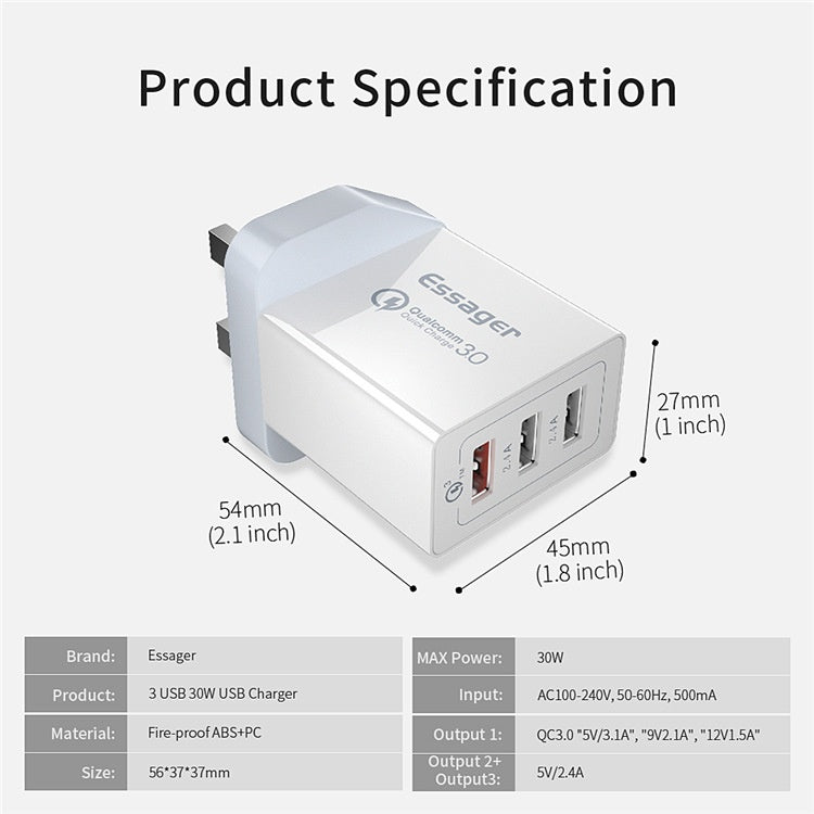 Chargeur de téléphone portable USB à trois ports 30WQC30