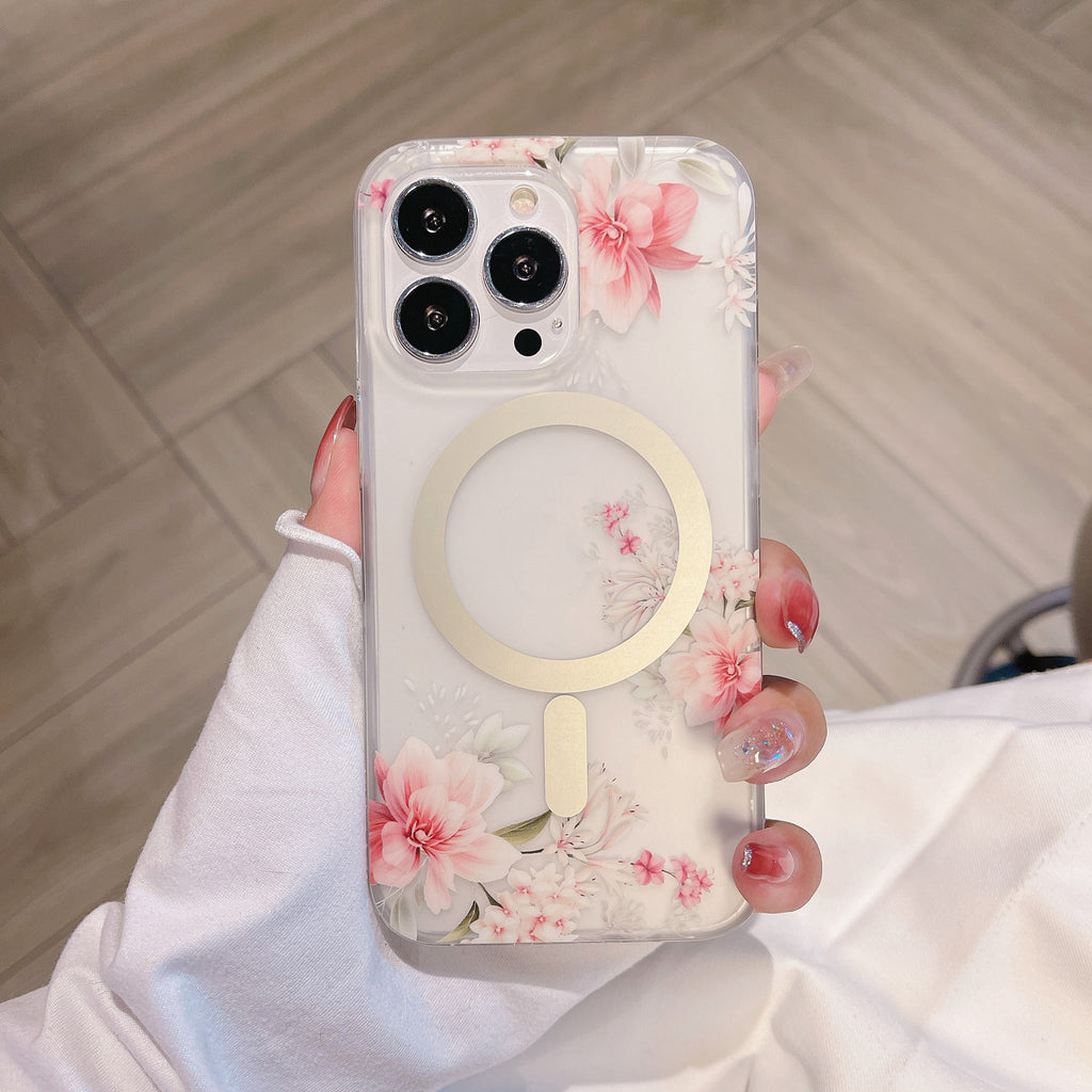 Aspiration magnétique Étui de téléphone de fleur transparent