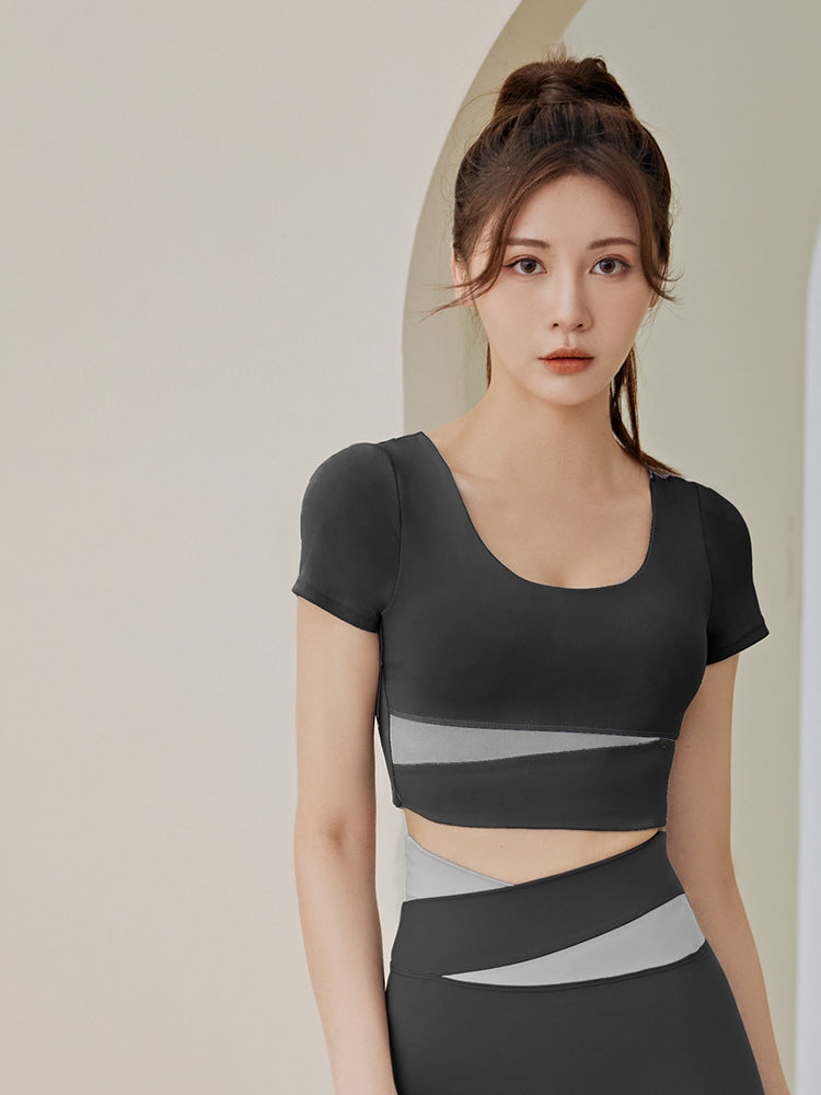 Women's Color Block Yoga Short Sleeve Top with Built-in Bra Pads