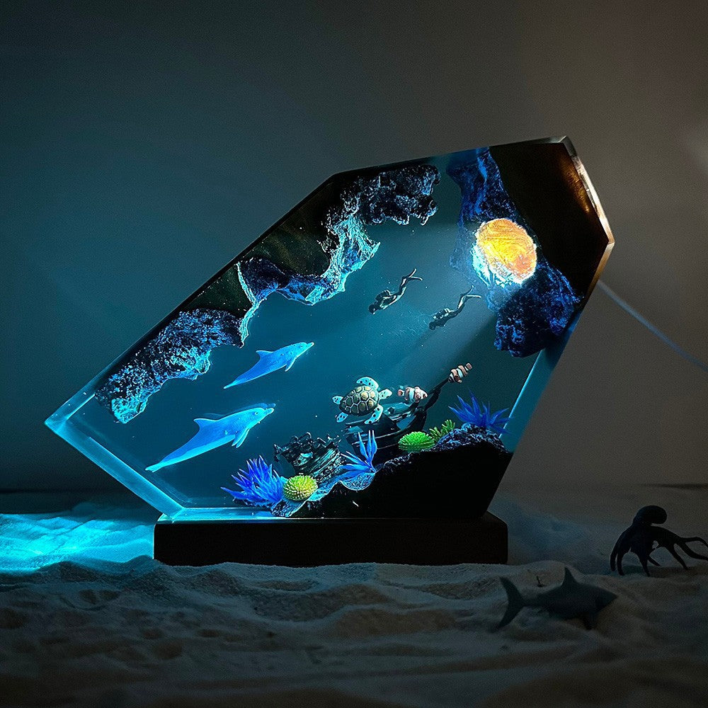 Marine Style Orca Diver Themed Lampe en bois résine Lumière de nuit