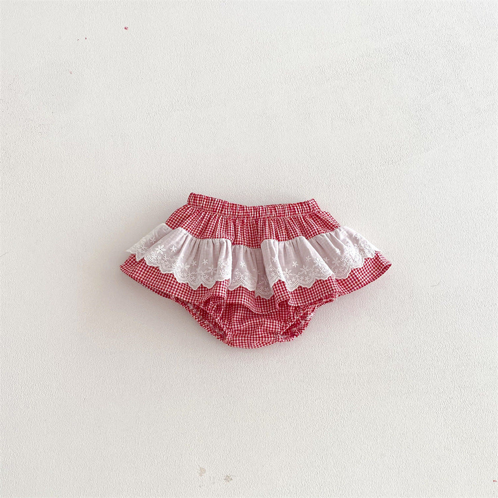Filles Plaid Dentelle Culottes avec double couche Ruffled Trim