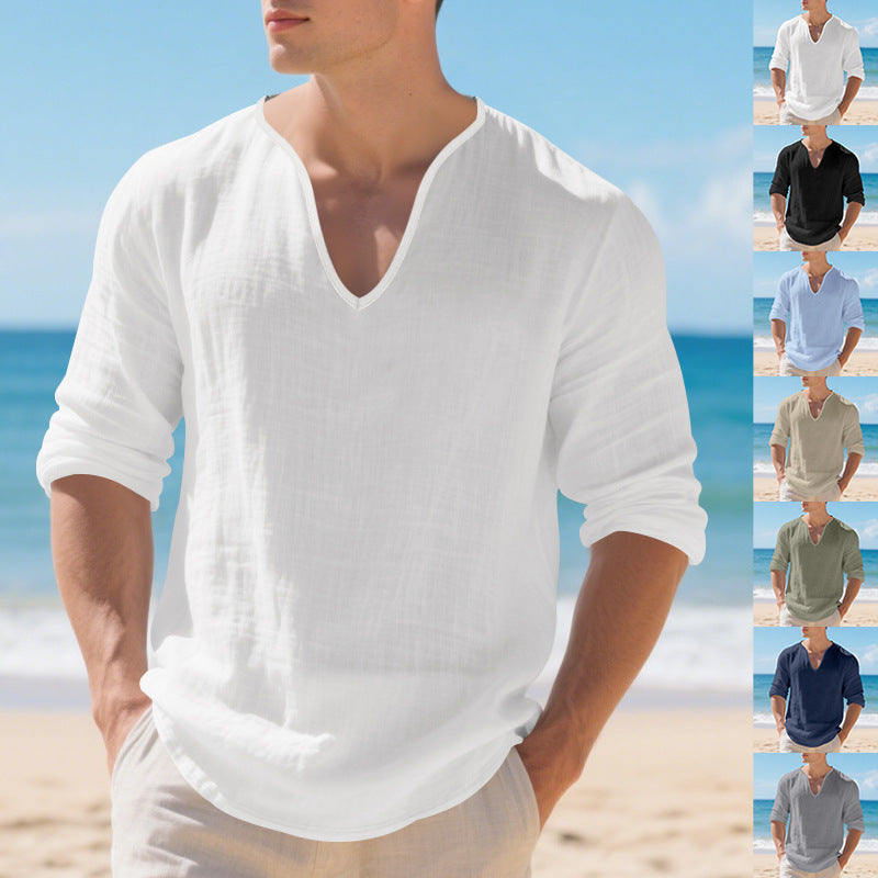 Chemise en V à manches longues en lin casual pour hommes