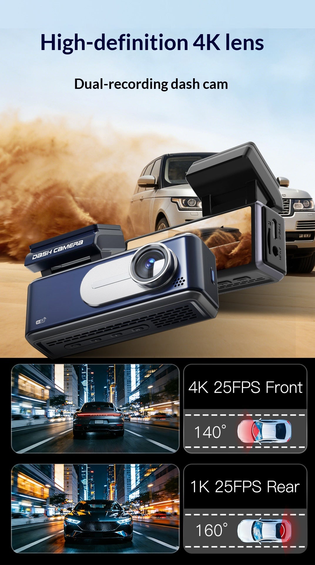 Double caméra haute définition 4K voiture Dashcam avec fonction d'enregistrement