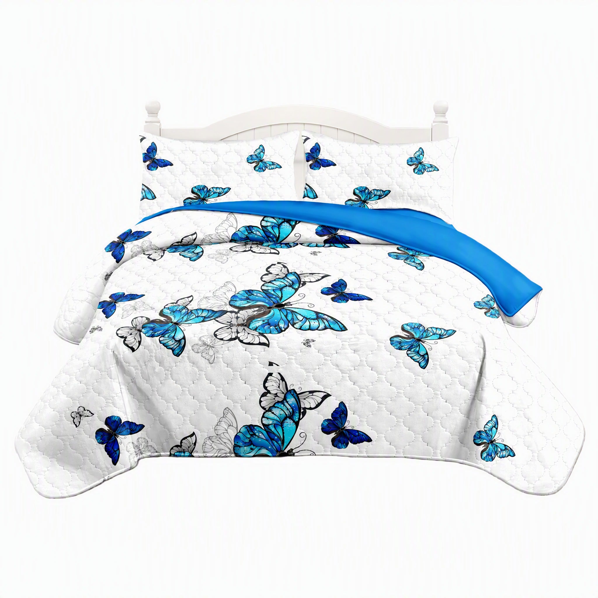 3-Piece Blue Butterfly Couverture de lit matelassée pour roi et roi de Californie