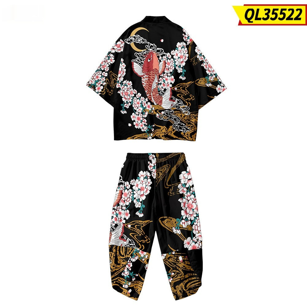 Koi Numérique Impression Japonaise Harajuku Kimono Robe Cloak Cropped Pantalons Set