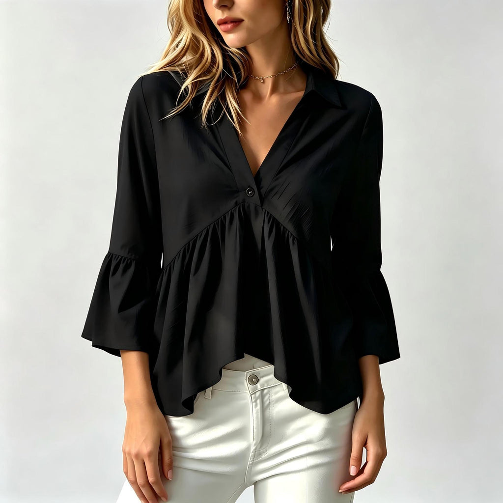 Chemise de couleur unie pour femmes avec un col et des manches volantes