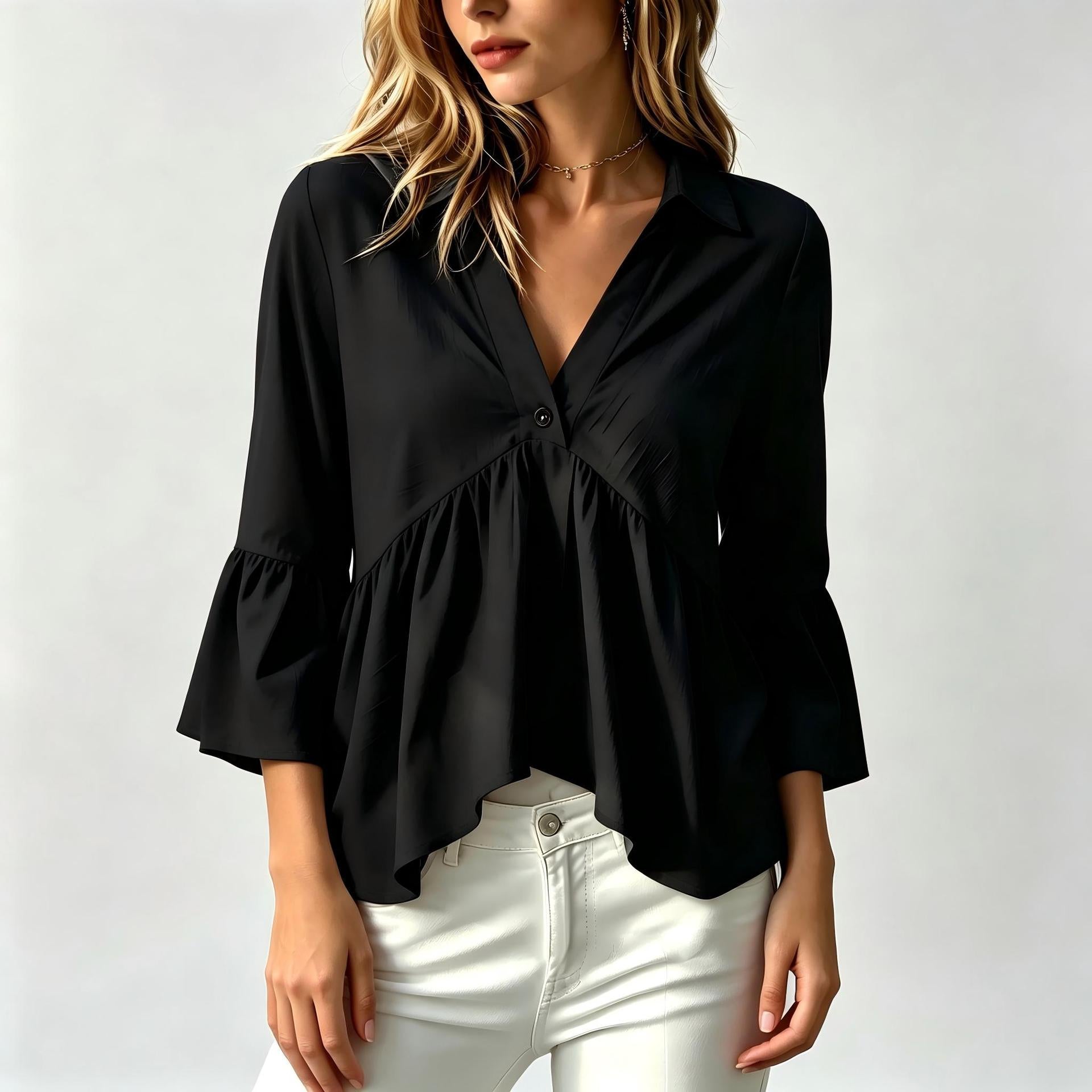 Chemise de couleur unie pour femmes avec un col et des manches volantes