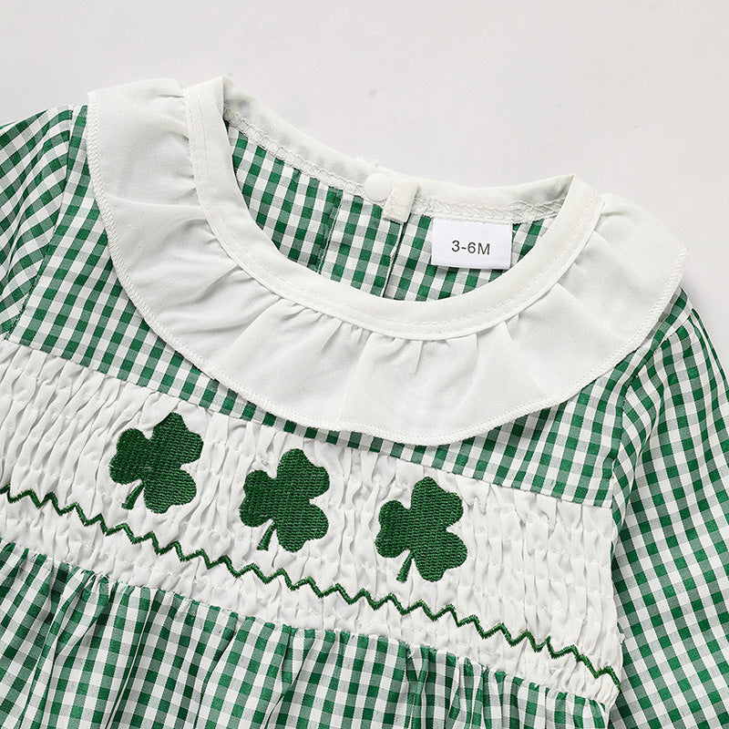 Ewborn Baby Girls Green Plaid Four-leaf Clover Allover Imprimer Bodysui à manches longues en une seule pièce