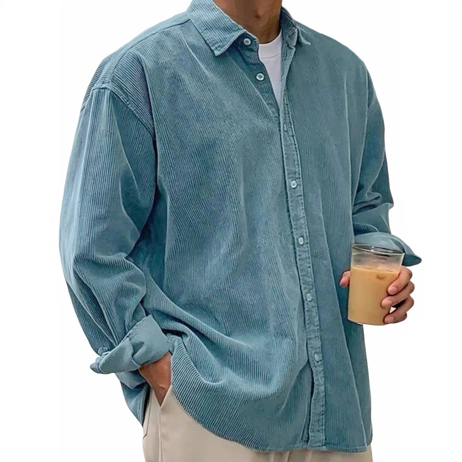 European And American Men's Casual Loose Solid Color Corduroy Lapel Shirt Indépendant Site