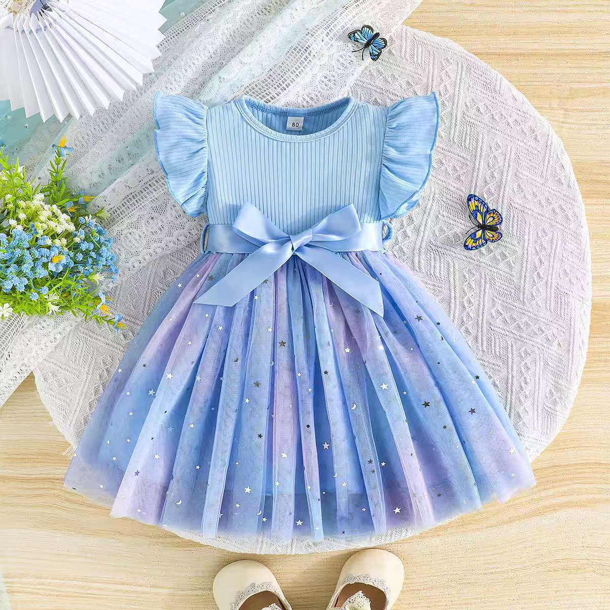 Sweet Little Girls Robe de tulle à manches de puff avec une Bow