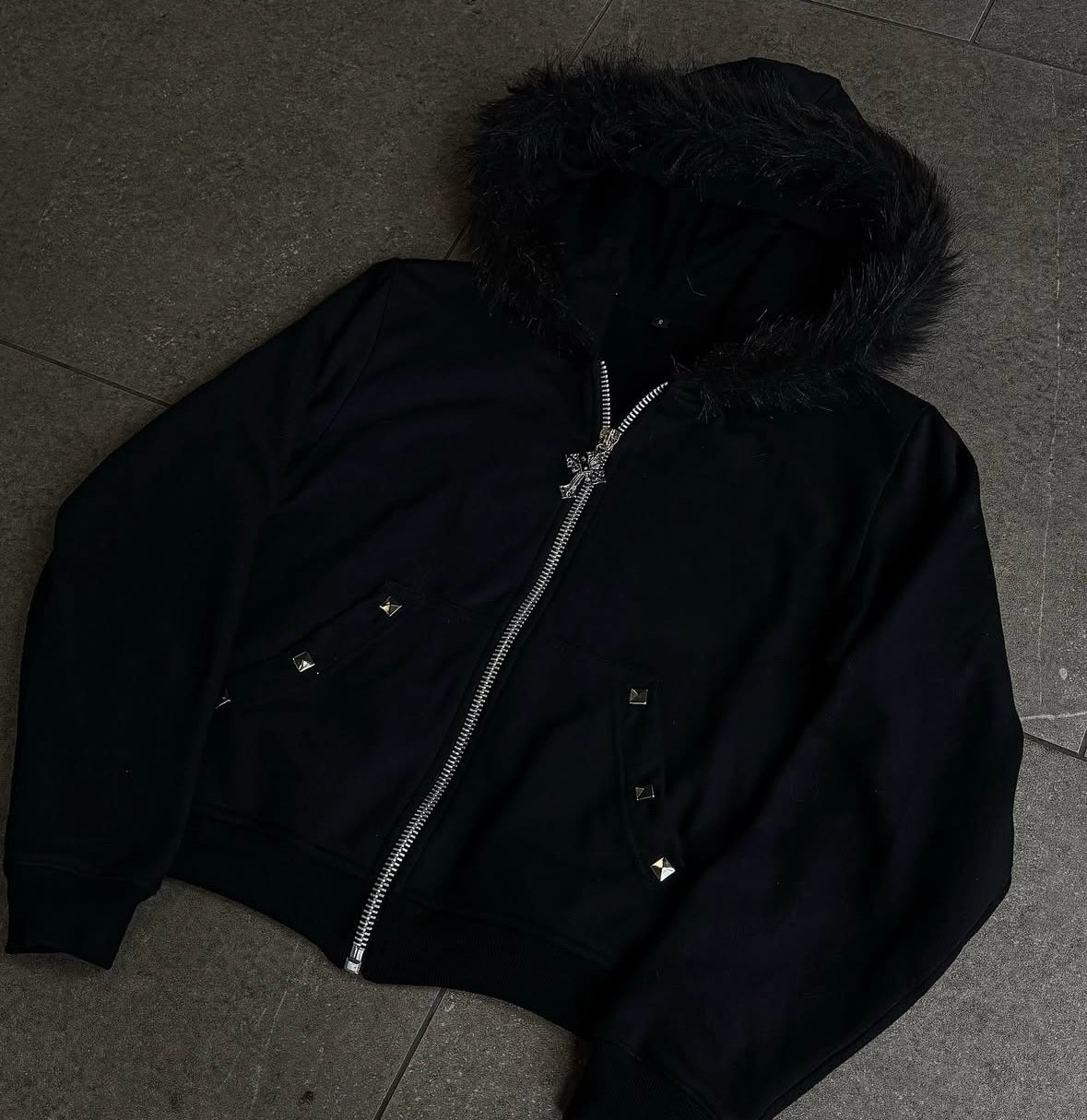 Letter-print Strass-Studed à capuche Loose-fit Zip-up Coat Pour Fallwinter Hip-hop Style