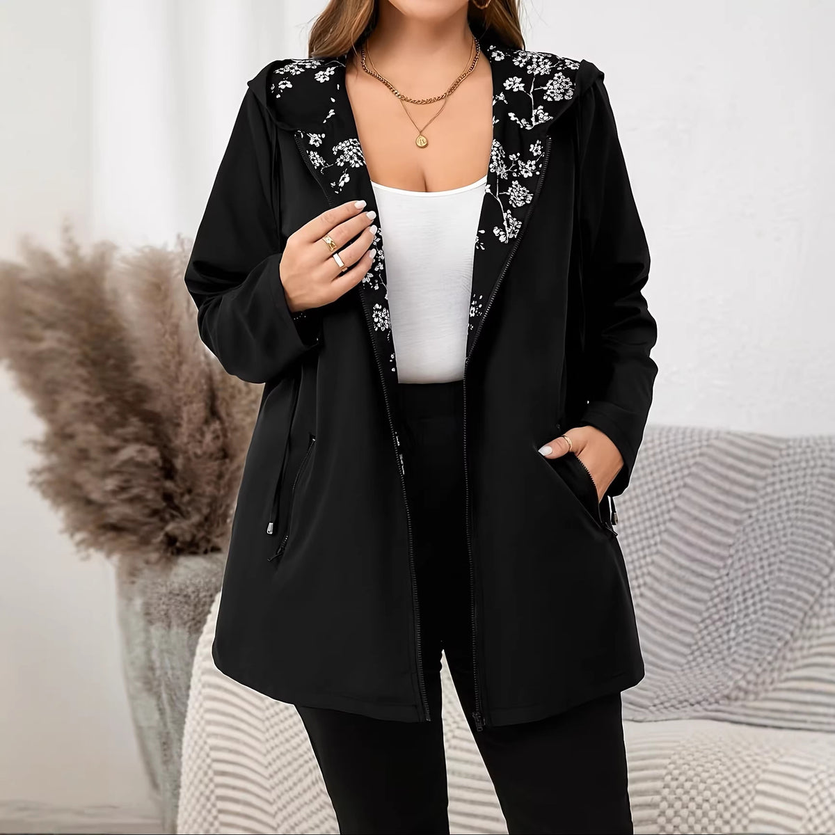 Cardigan à manches longues à capuchon pour femmes de plus grande taille - Veste de sweater en tricot imprimé réversible