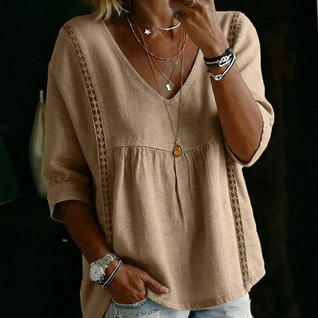 Col V brodé Blouse à trois quarts de manches pour femmes