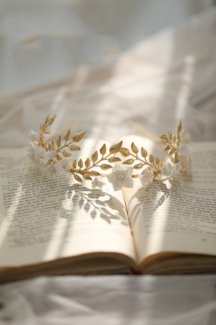 Bande de cheveux Gold Leaf Silver Leaf White Flower Accessoires de cheveux en céramique