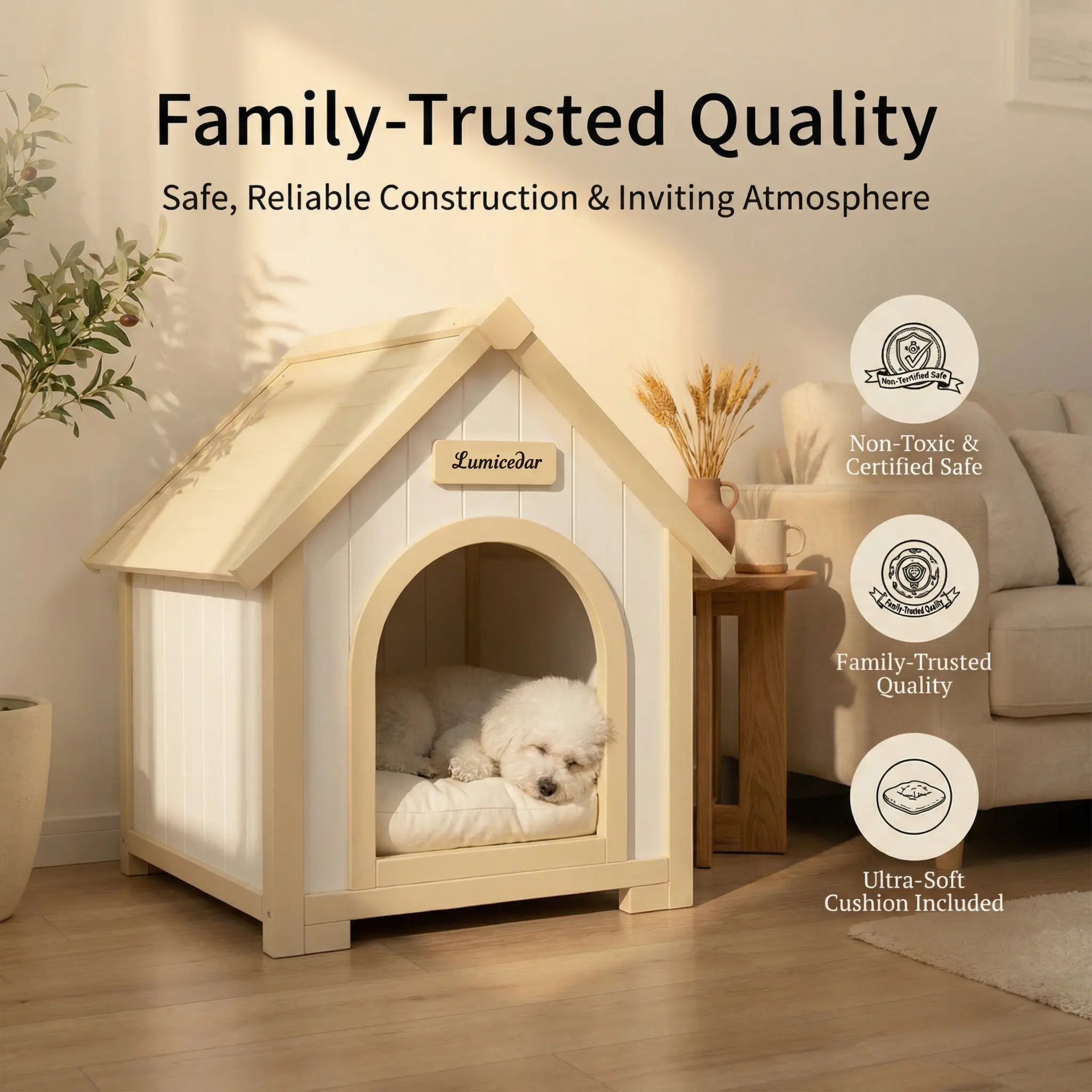 Maison de chien en bois moderne avec coussin EVA – Cèdre solide Pet House pour petits chiens & C