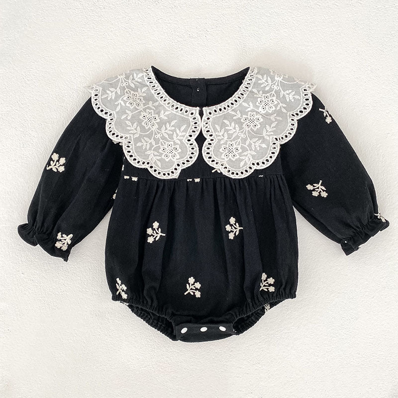 Girls' Lace Romper with Long Sleeves and Embroidery
