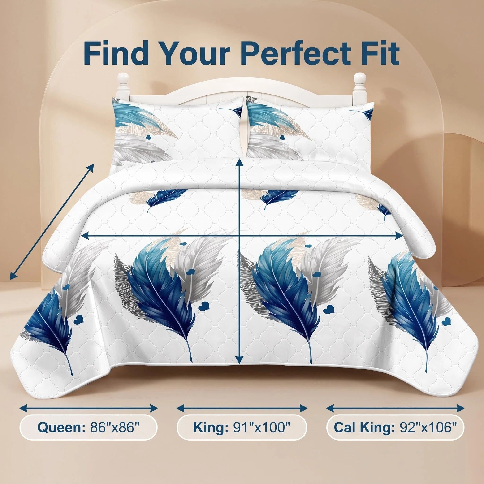 3-Piece bleu plume lit couvre-couche pour roi et roi de Californie