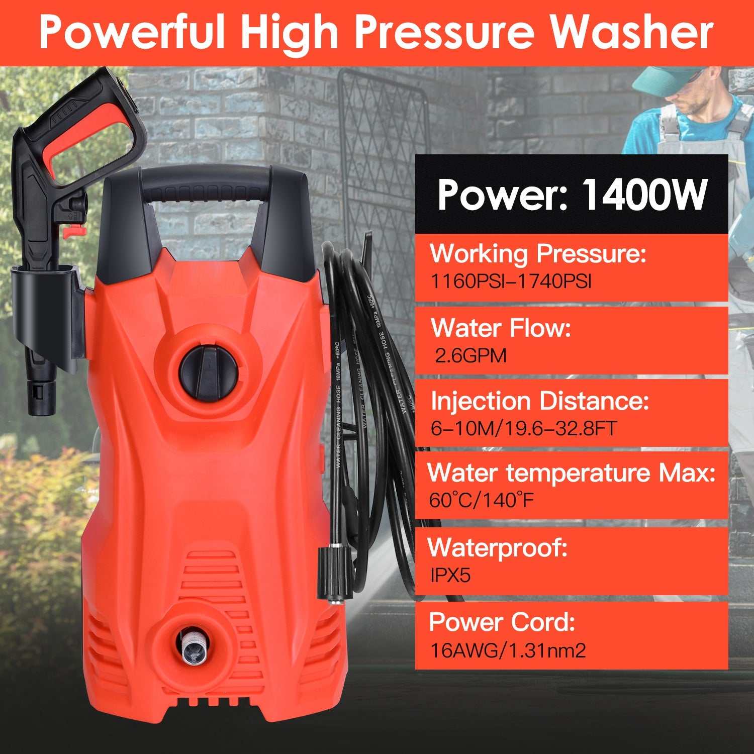 1Pc Électrique haute pression laveuse 1740PSI Powerful voiture laveuse nettoyante de pression avec réglage